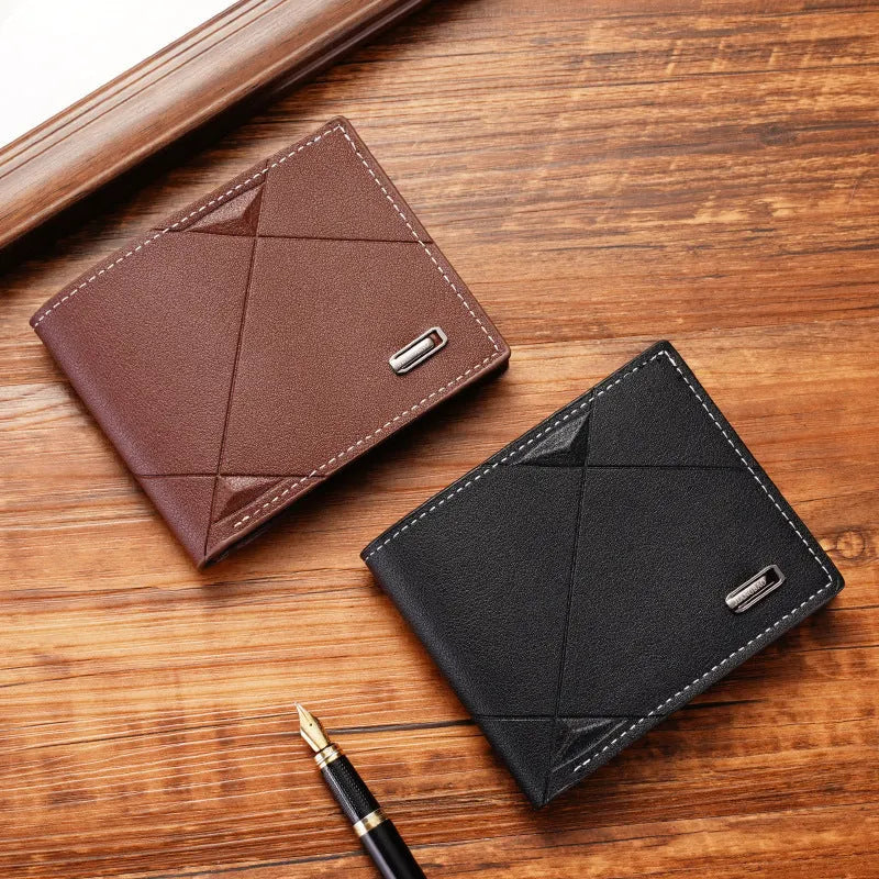 Men's black three-fold PU leather wallet open to show multiple short card slots.