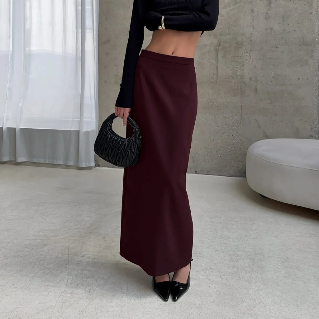 High waist slimming split straight skirt for women in dark brown polyester