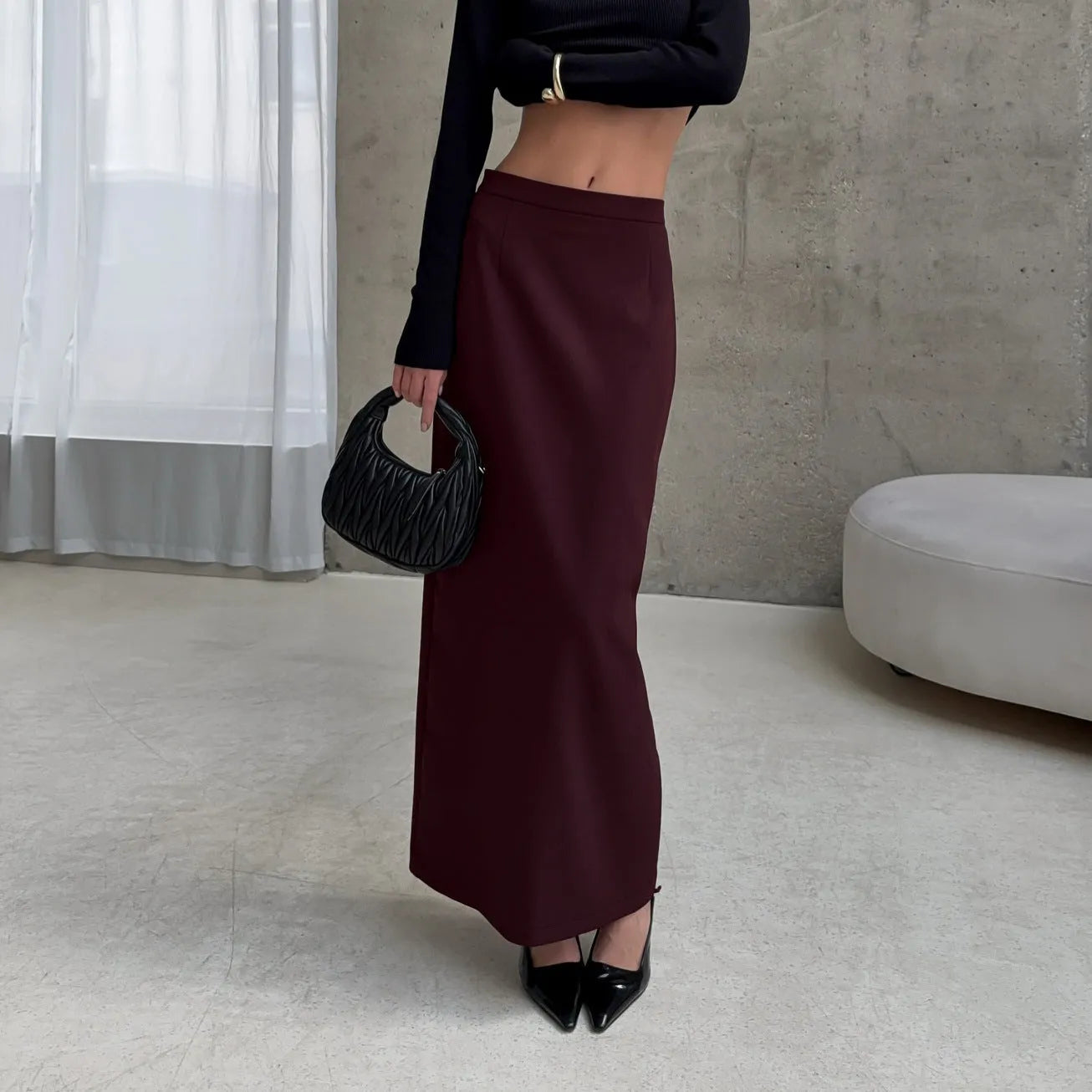 High waist slimming split straight skirt for women in dark brown polyester