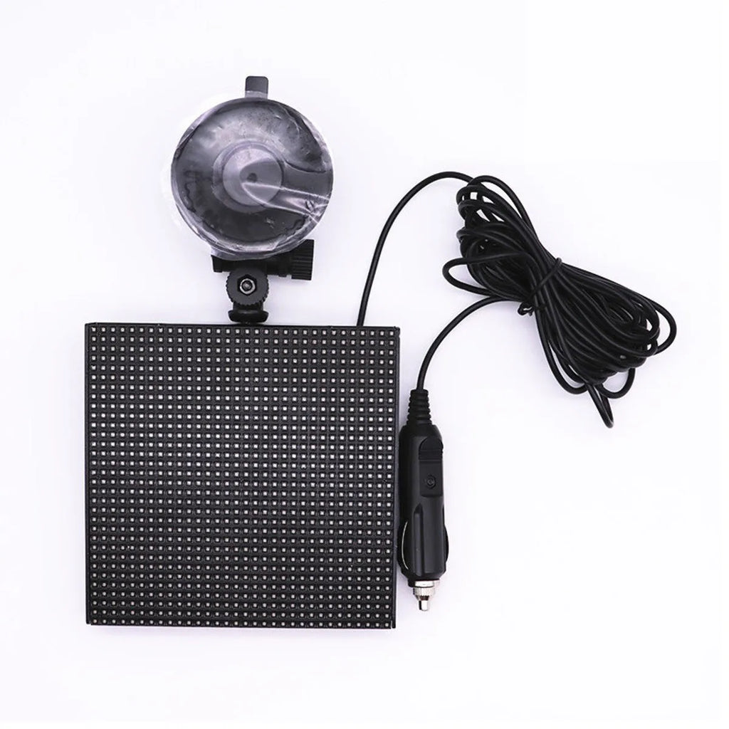 Bluetooth wireless LED car display screen with aluminium frame showing RGB graphics