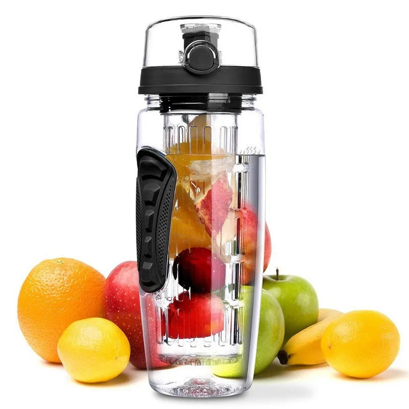 32oz Tritan fruit infuser water bottle with fruit cup, showing seven style options