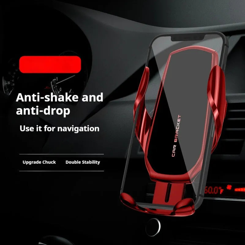 Car air outlet phone holder with wireless charging and electric clamping in black, red, or green