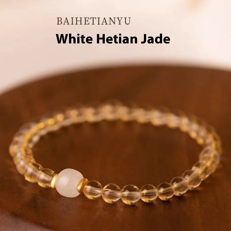 Handmade Putuo gold rutilated quartz bracelet with artificial crystal and pearl elements in Hotan Jade colours