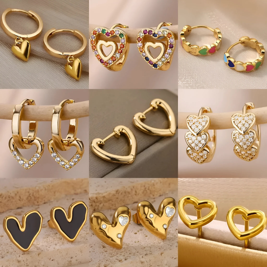 Gold plated heart shape stud earrings with a zircon stone for women, shown in colour E3127G-5.