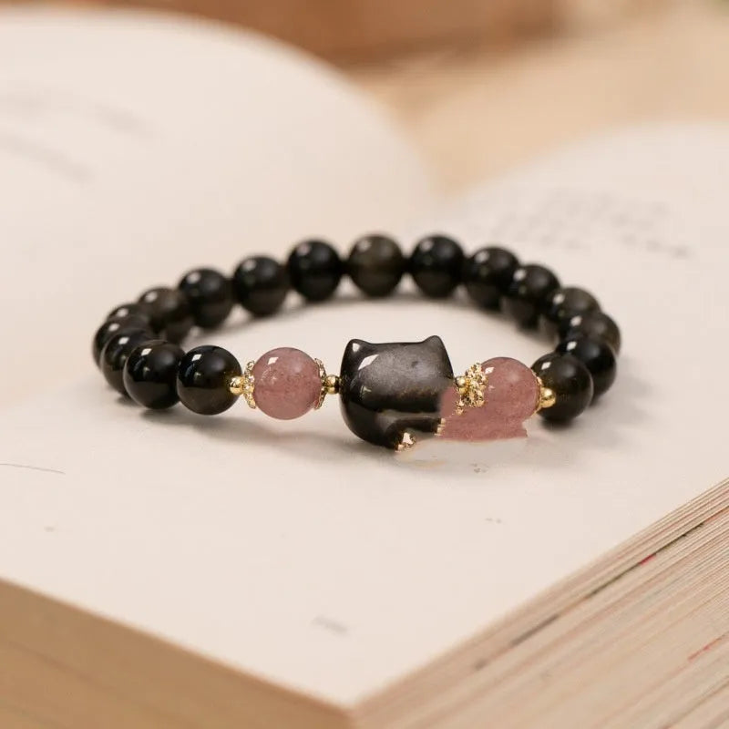 Black obsidian bracelet with 8mm beads and cat accessories on elastic cord