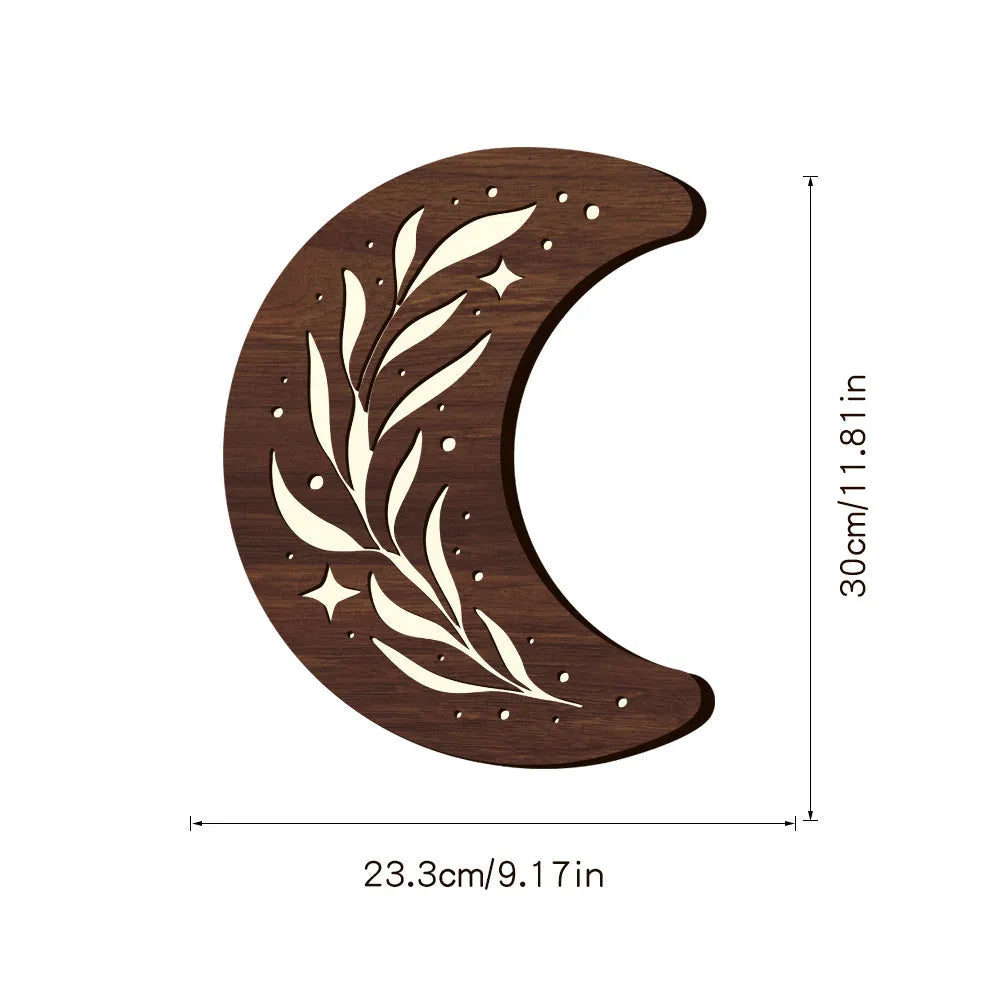Bohemian style three-dimensional wooden leaf crescent pendant lamp with battery box