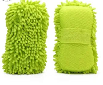 Silvery green rectangular car wash sponge measuring 14 by 25 centimetres with textured chenille surface