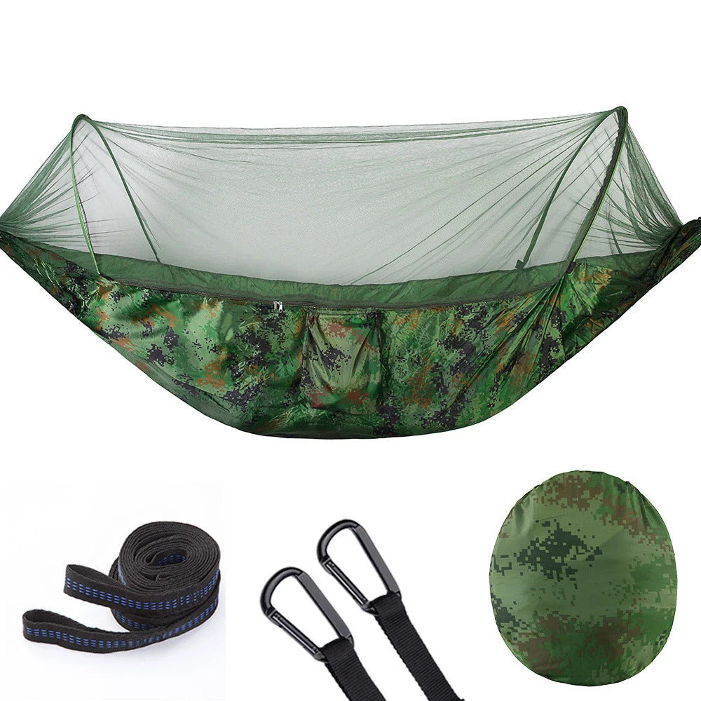 Premium 210T nylon outdoor hammock with mosquito net, featuring a quick pop-up design for easy setup and versatile use in various outdoor settings.