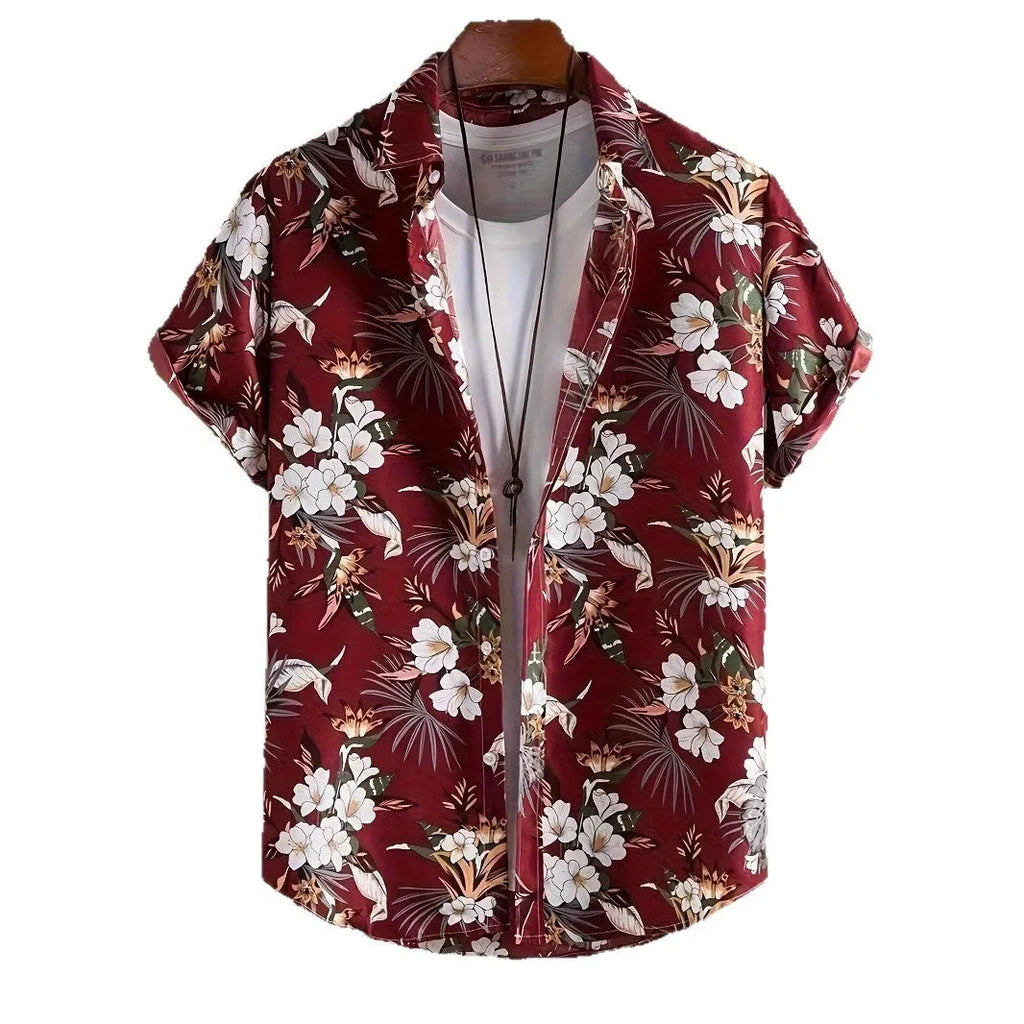 Men's 3D printed floral pattern short sleeve shirt in loose cardigan style