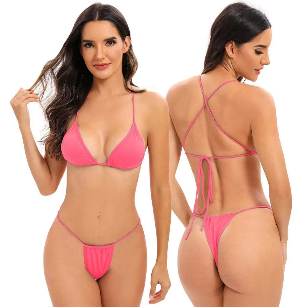 Women's candy coloured bikini with multiple cross straps and split briefs, available with or without chest pads.