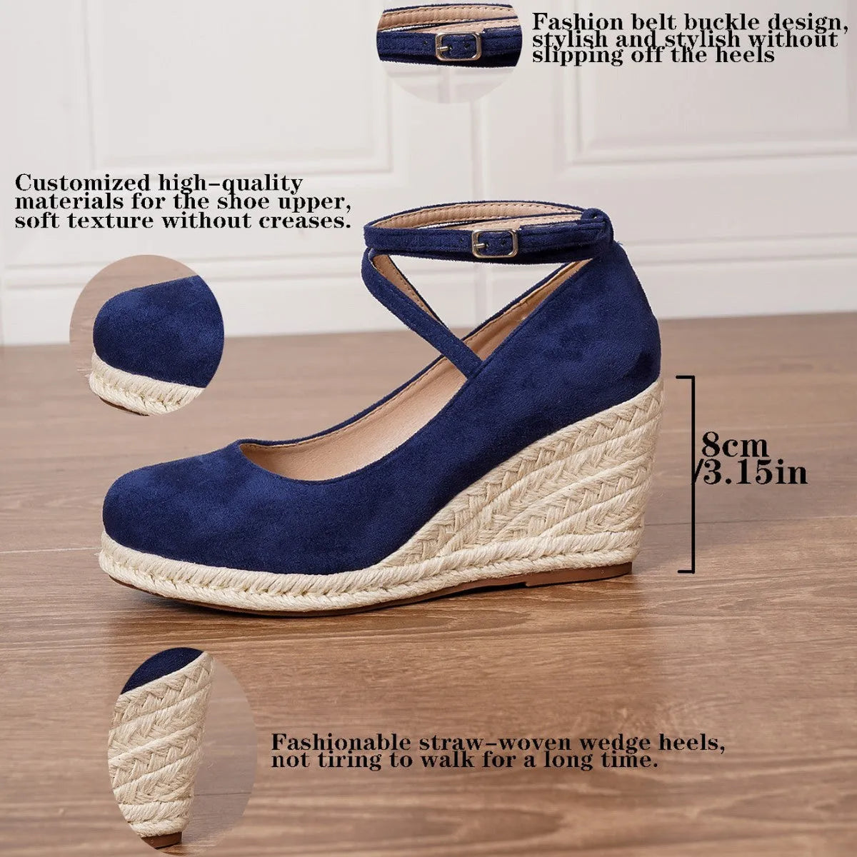 Dark blue suede straw woven wedge closed toe high heels sizes 34-43