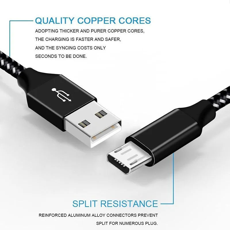 Braided micro USB charging cable for Android phones in multiple colours and lengths