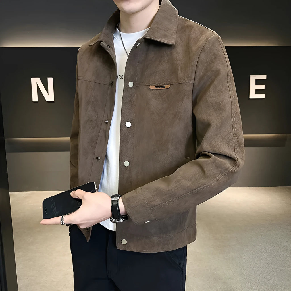 Men's suede lapel spring jacket in brown or black with long sleeves, side seam pockets and polyester lining