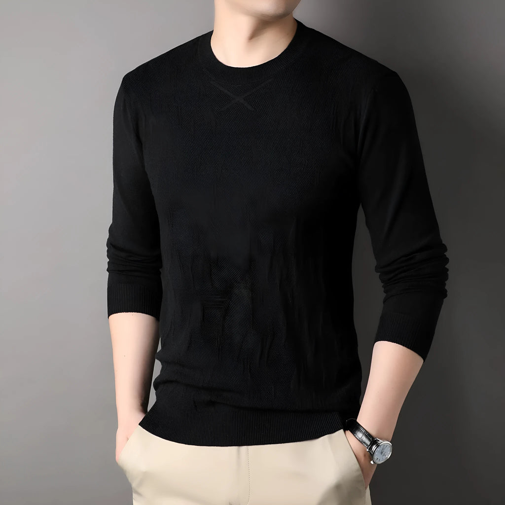 Loose fit mens solid colour polyester fibre long sleeve sweater in black, front view