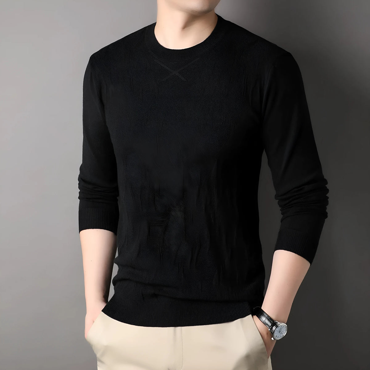 Loose fit mens solid colour polyester fibre long sleeve sweater in black, front view