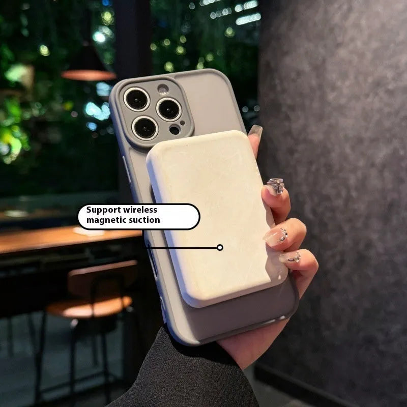 Magnetic suction pivot phone case for iPhone with built-in kickstand, in a frosted finish.