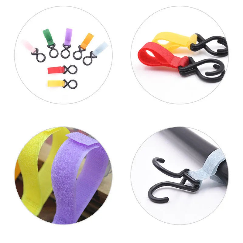 Nylon baby stroller hook, 3 x 17cm, 11g, with Velcro strap, shown in available colours