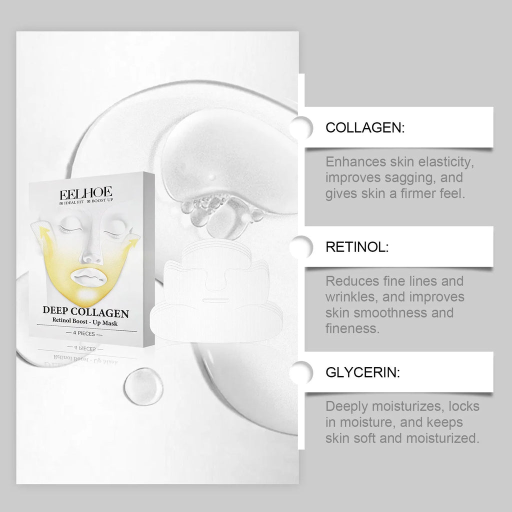 Collagen tightening facial mask pack containing four 23.5x16.8cm sheet masks