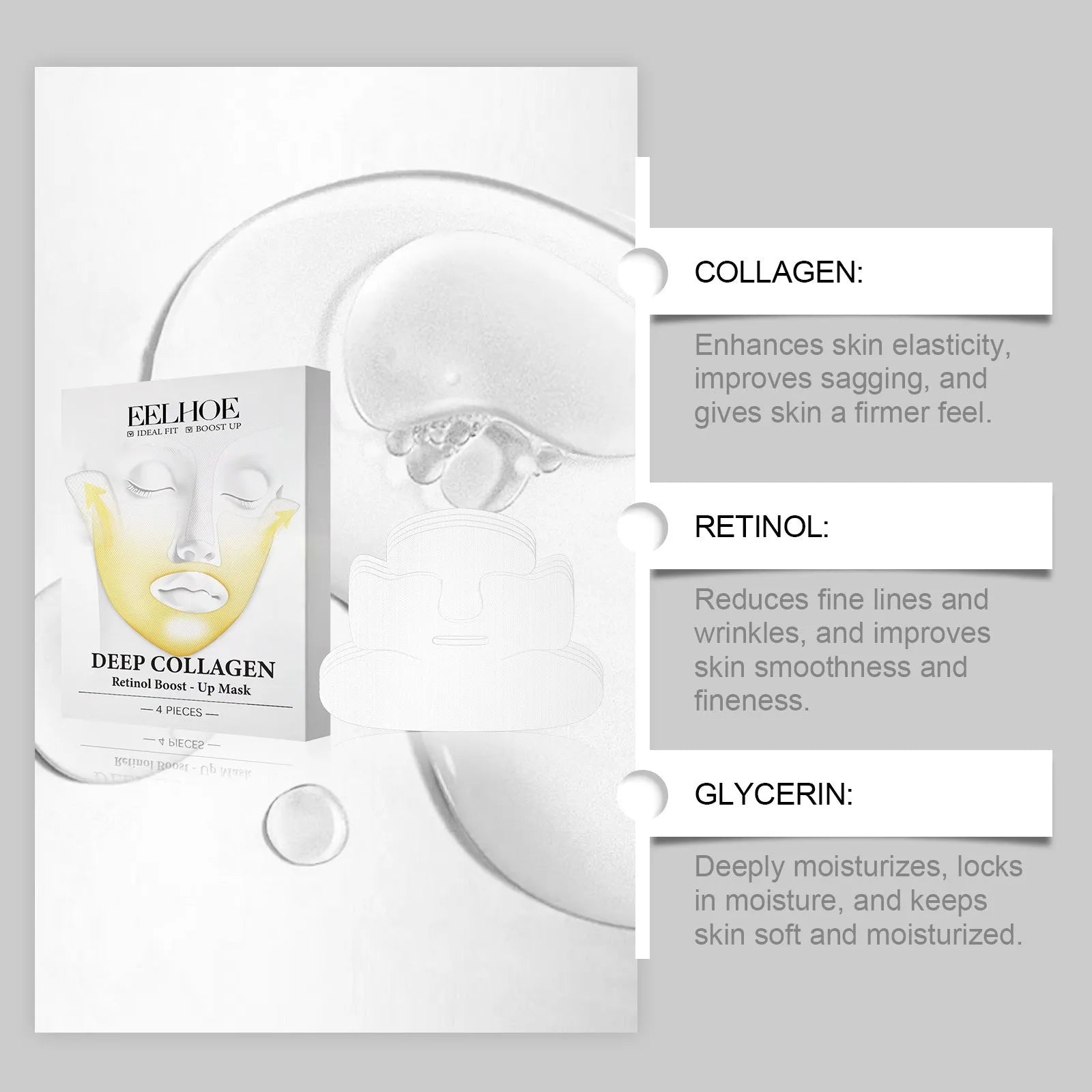Collagen tightening facial mask pack containing four 23.5x16.8cm sheet masks