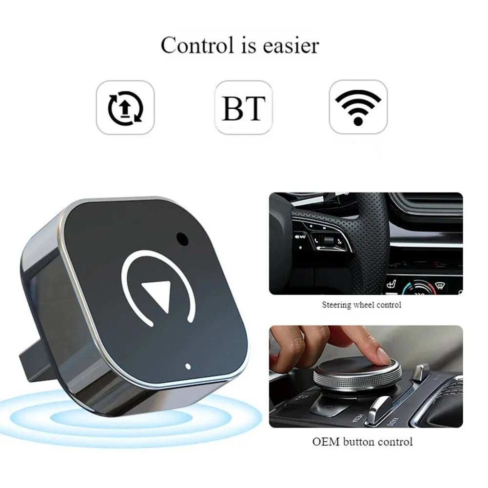 Black wired to wireless CarPlay box with USB interface made of ABS and PC materials