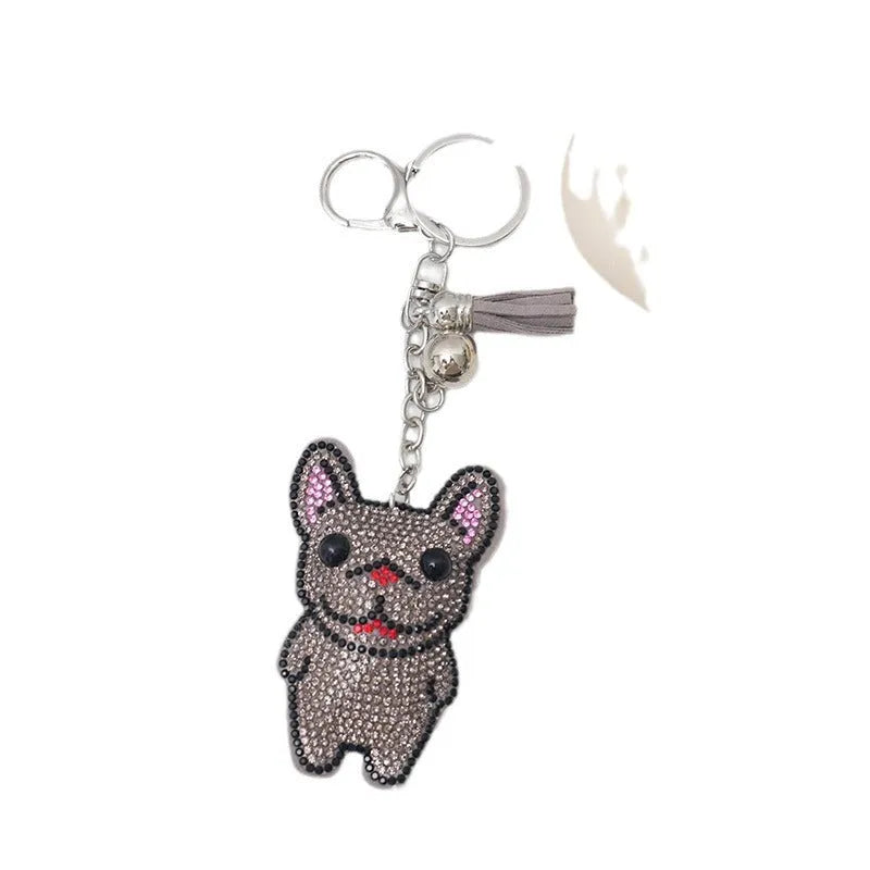French dog rhinestone keychain with cartoon animal design and metallic electroplated finish