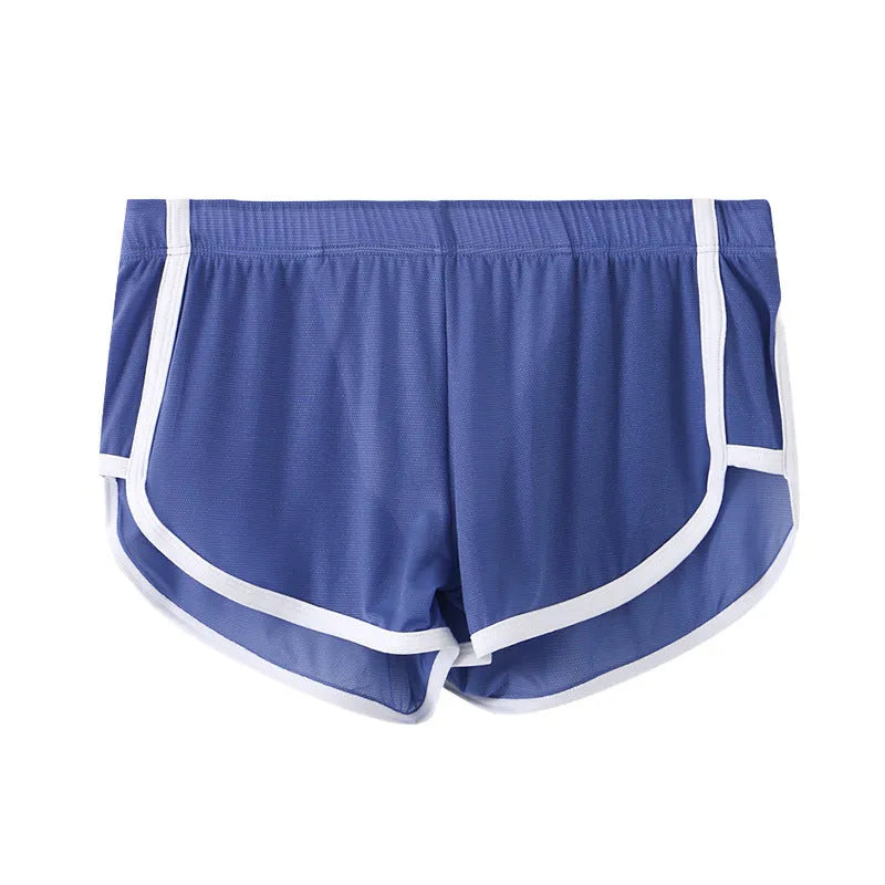 Men's black ice silk low waist sports boxers with mesh detail on a plain background.
