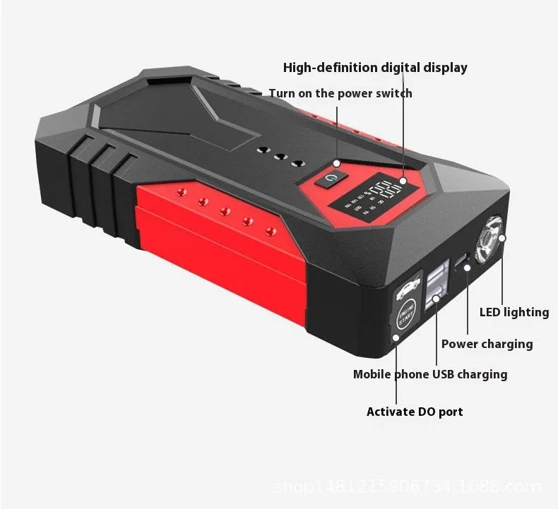 Red 12V car jump starter power bank with battery clamps and 18800mAh capacity