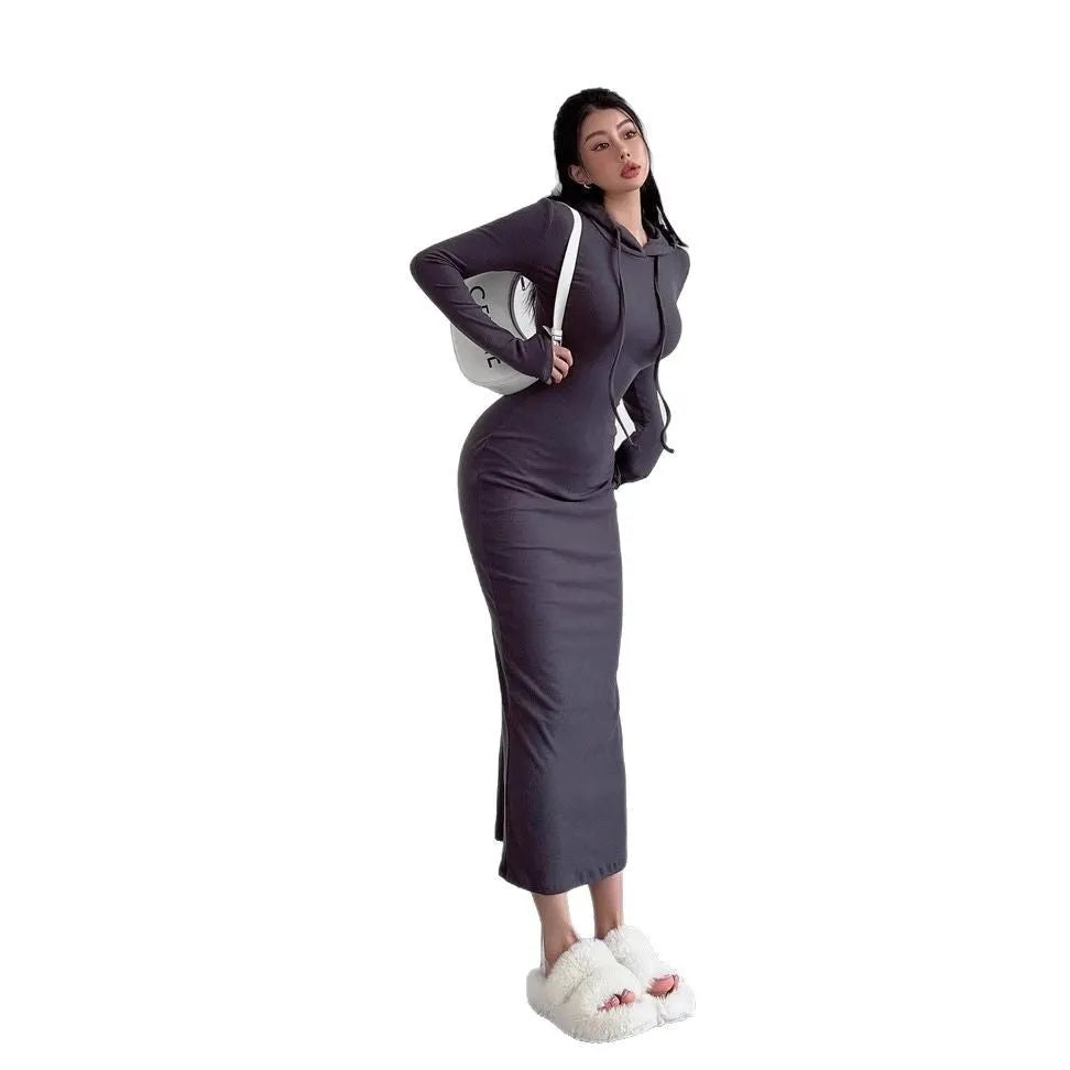 Women's grey sheath dress with hooded long sleeve underlayer and high waist design