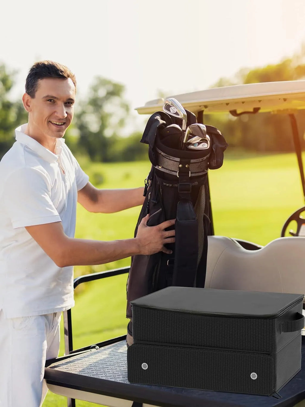 Black polyester cube-shaped waterproof golf trunk storage box with sealed closure