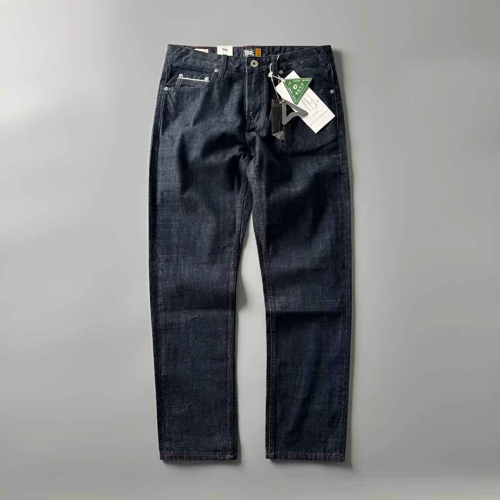 Men's straight leg trousers in cotton denim with American retro styling and mid-rise waist