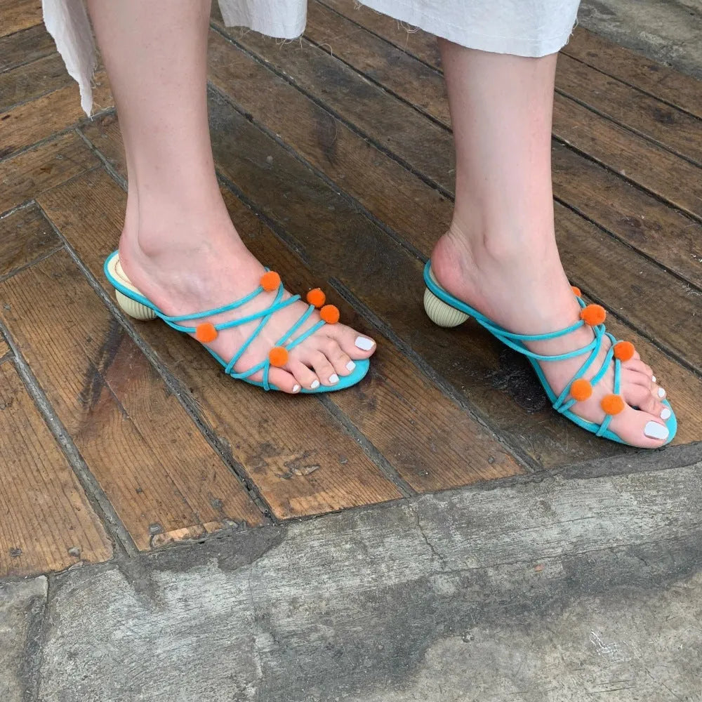 Cyan French leather women's high-heeled sandals with lace-up design and open toe