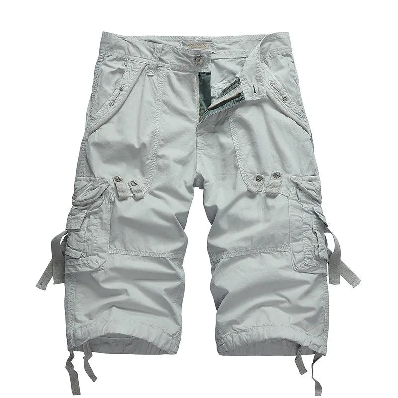 Men's cotton cargo shorts in khaki with multi-pocket straight-leg design and grinding process finish