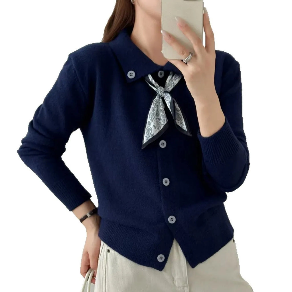 Lapel scarf sweater cardigan with long sleeves and splicing design in milky white colour