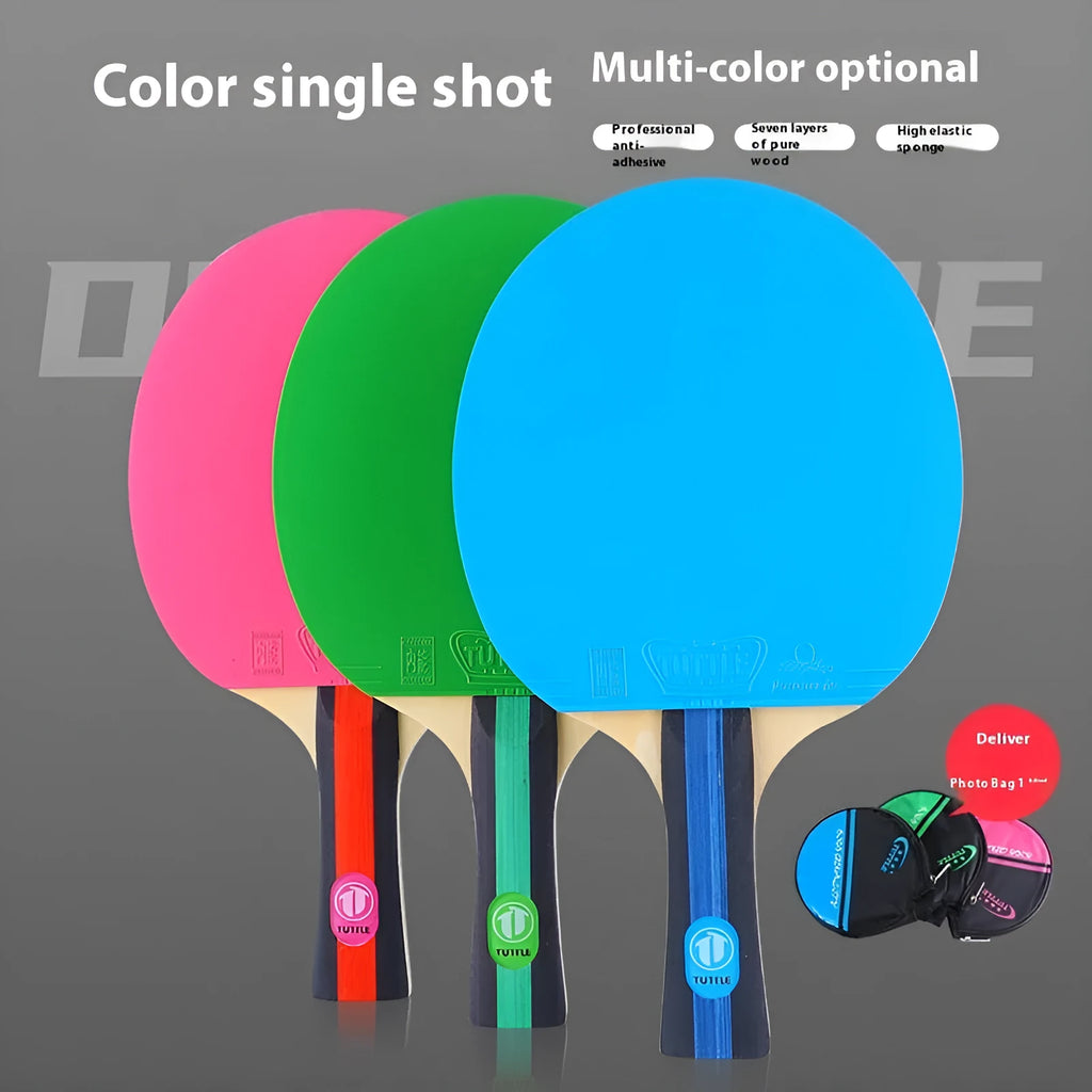 Table tennis racket with cover and bag in pink, blue and green shakehand grip colours