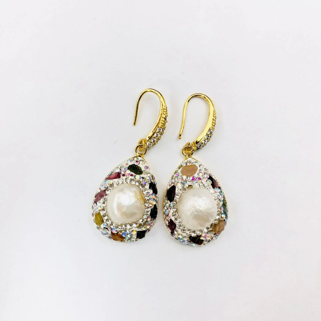 Natural freshwater pearl teardrop earrings for women with copper setting and colourful diamond inlay