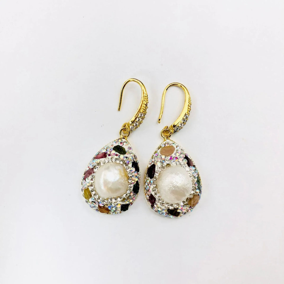 Natural freshwater pearl teardrop earrings for women with copper setting and colourful diamond inlay