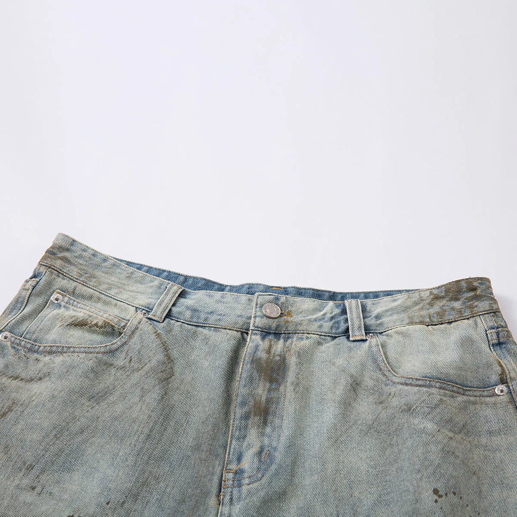 Blue washed straight-leg cropped denim jeans with zipper fly on mannequin