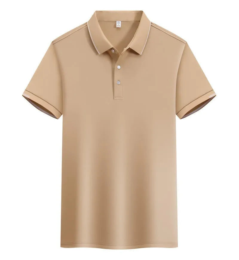 Men's loose fit cotton blend short sleeve polo shirt with a secondary collar lapel.