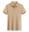 Men's loose fit cotton blend short sleeve polo shirt with a secondary collar lapel.