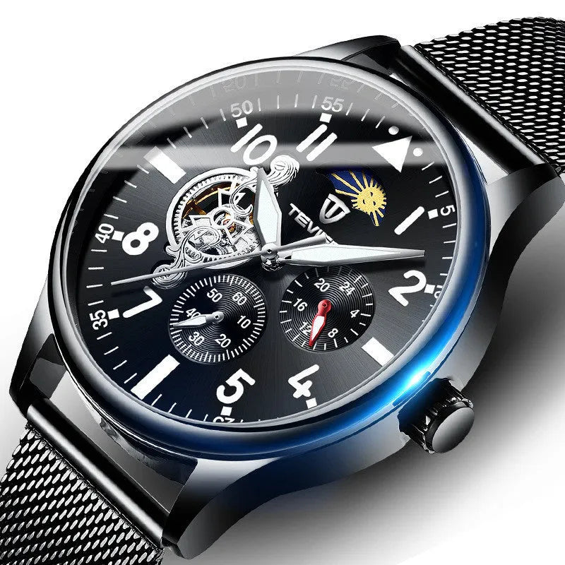 Men's black mechanical watch with moon phase complication and luminous hands on alloy case