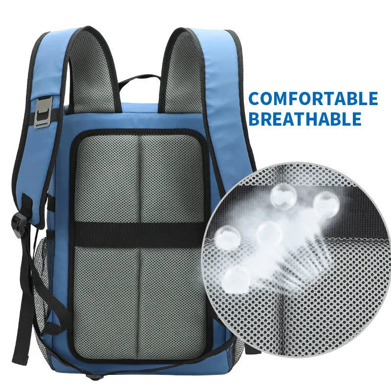Black cloth backpack with built-in bottle opener showing 20-litre capacity and waterproof insulation