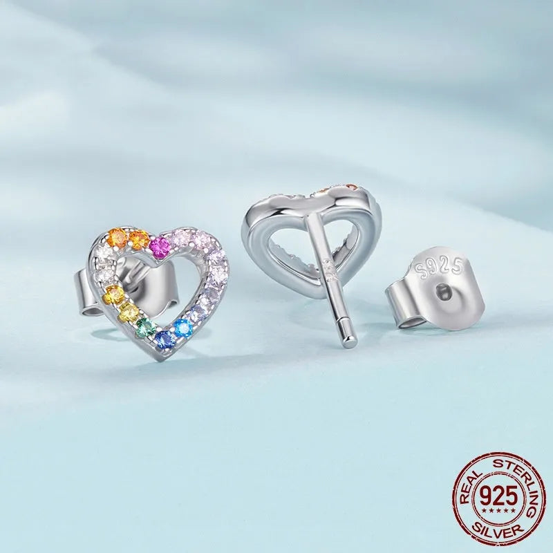S925 sterling silver heart-shaped zircon stud earrings in colour SCE1945 with electroplated finish, supplied as a pair for women