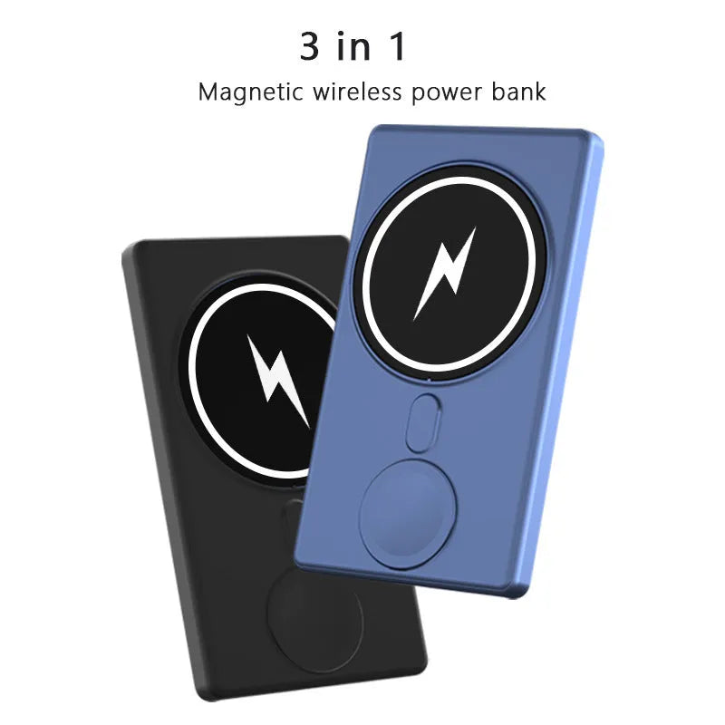Ultra-thin black magnetic wireless charging power bank showing three output ports and compact design