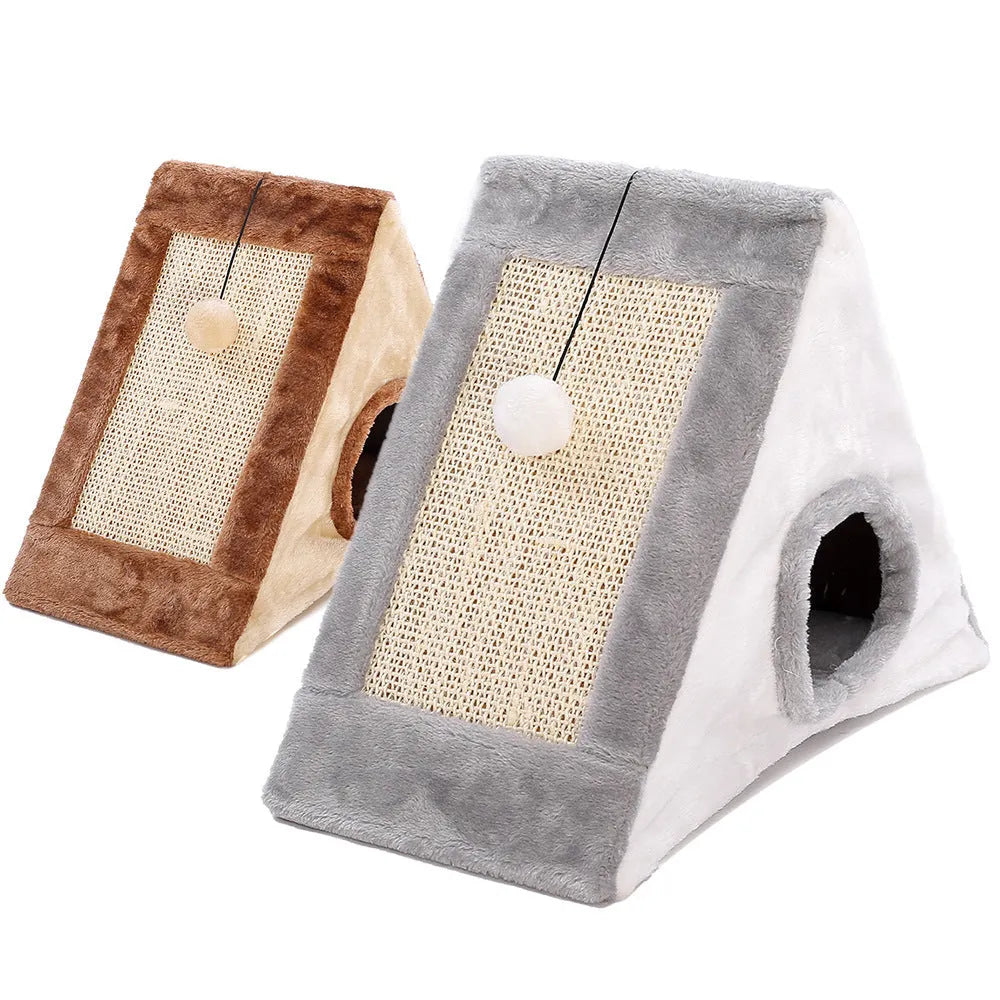 Triangular cat bed with integrated sisal scratching post in grey-white and light brown-beige colour options