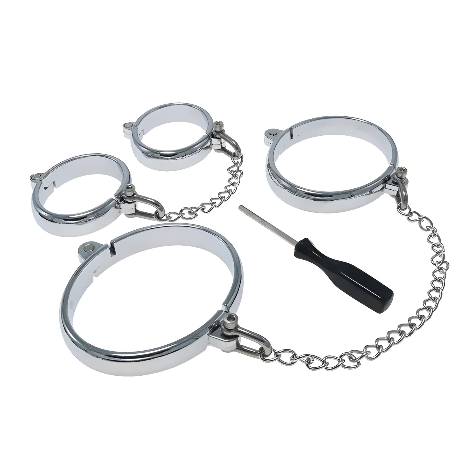 Silver zinc alloy handcuffs and footcuffs set with stainless steel bracelet attachments