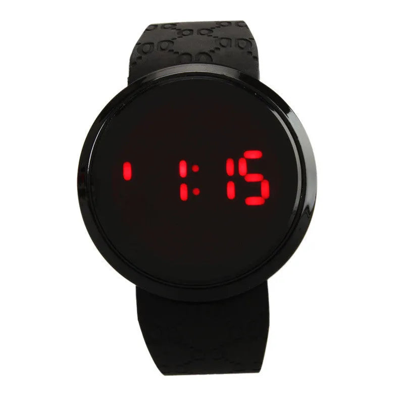 Round LED electronic watch with 11mm case, glass mirror, alloy base, and PU strap in white or black