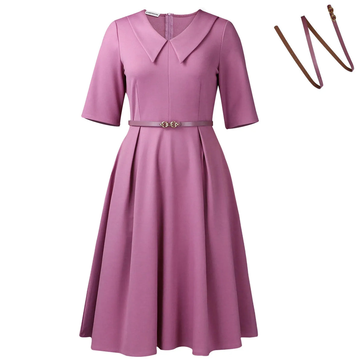 A woman wearing a solid colour African dress with half sleeves and a high waist, featuring a contrasting coloured belt.