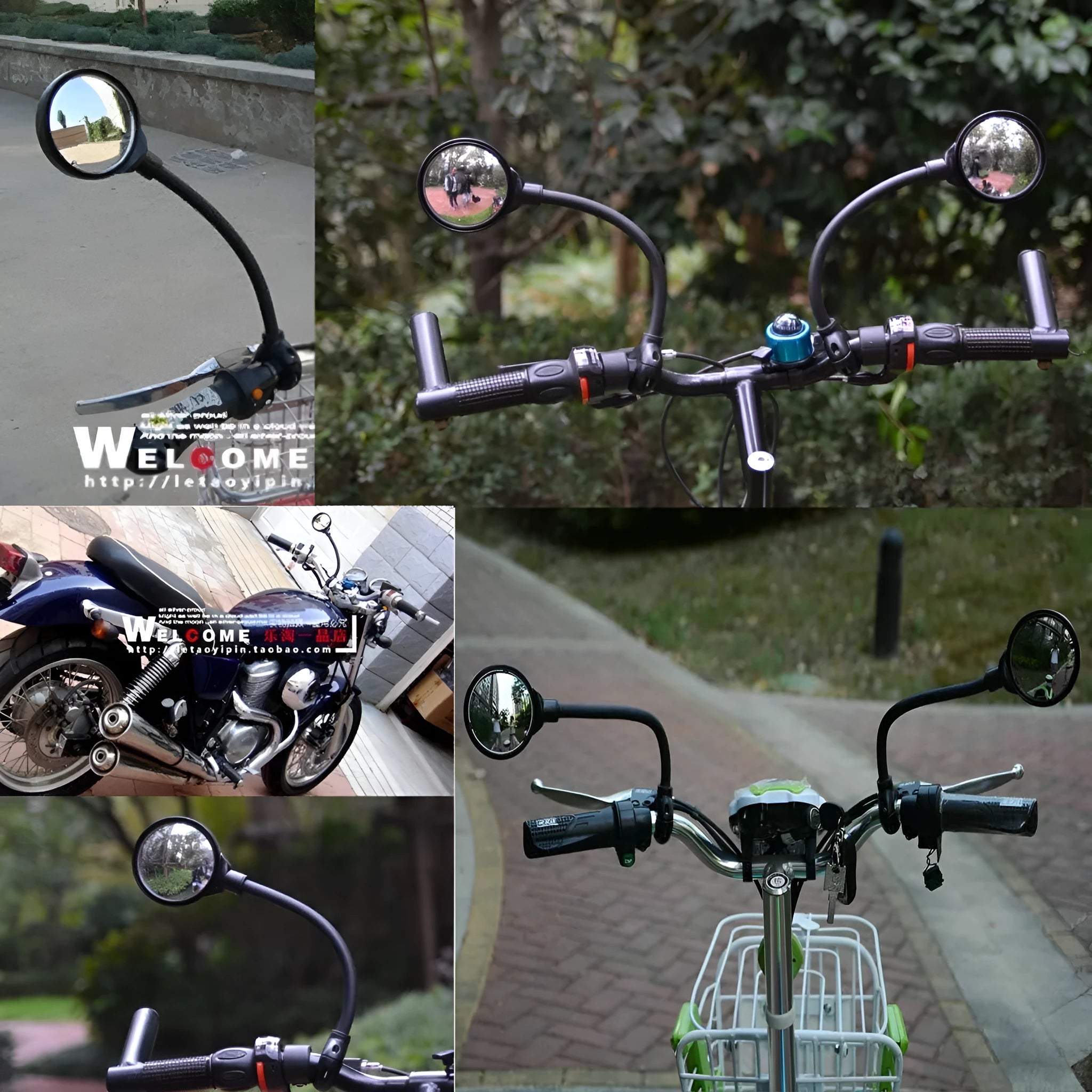 Black metal bicycle rearview mirror with hose adjustment clamp attached to handlebar