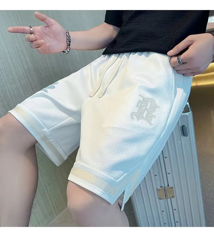 Men's loose straight sports shorts with drawstring low waist in white, black, green, blue or grey, sizes M to 3XL