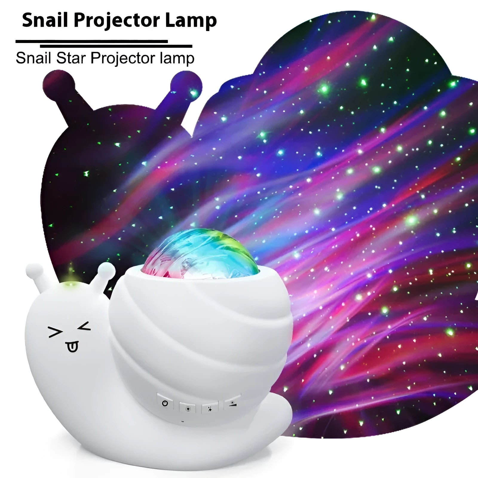 Snail-shaped starry sky projection lamp in blue, black, pink, or white with remote control.